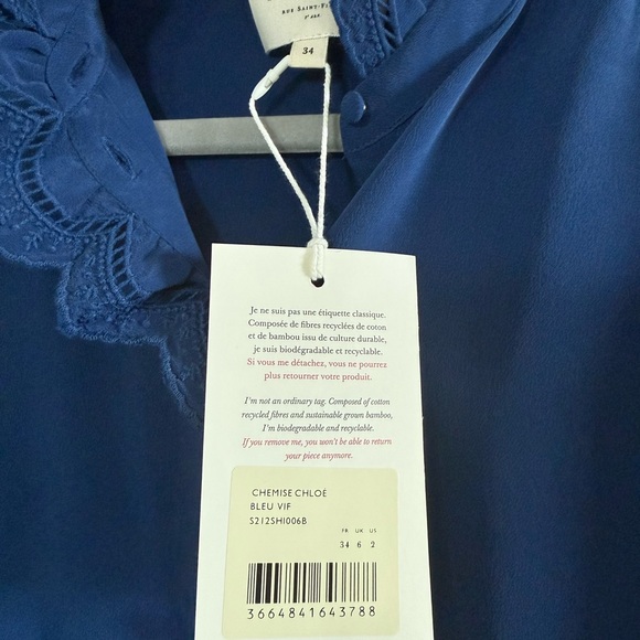 Sézane Chlo Silk Blouse Electric Blue Sz 34 NWT - Picture 4 of 7